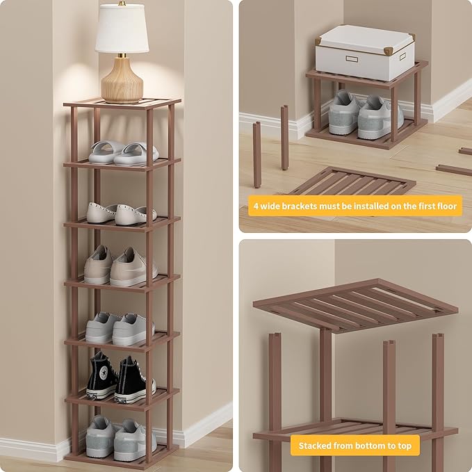 Bamboo Shoe Rack for Front Door Entrance, Brown Vertical Shoe Rack - Tall Narrow Shoe Rack Organizer for Small Spaces, Wooden Shoe Shelf for Closet and Entryway, Space Saving 7 Tier Stackable-NeatNest