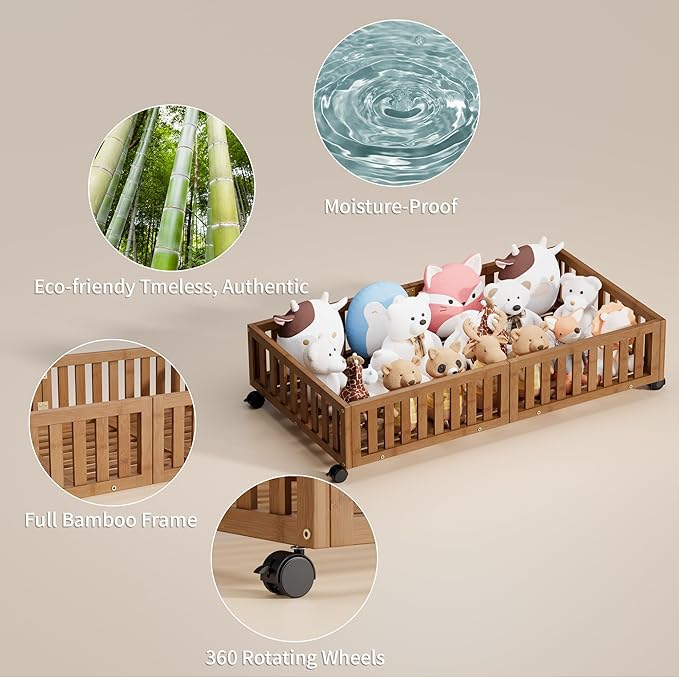 Bamboo Under Bed Storage with Wheels (2-Pack) – Rolling Underbed Shoe Organizer Box for Shoes, Blankets, Toys, Clothes Container Space-Saving Organizer Bins for Bedroom, Closet, Dorm, Nursery-NeatNest