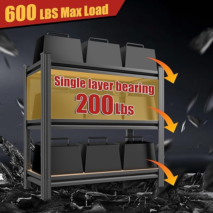 3 Tier Garage Shelving Wood Storage Shelves 600 lb Load Capacity 28.7" H*29.5" W*11.8" D Metal Shelving Suitable for Garage Kitchen Pantry,Black