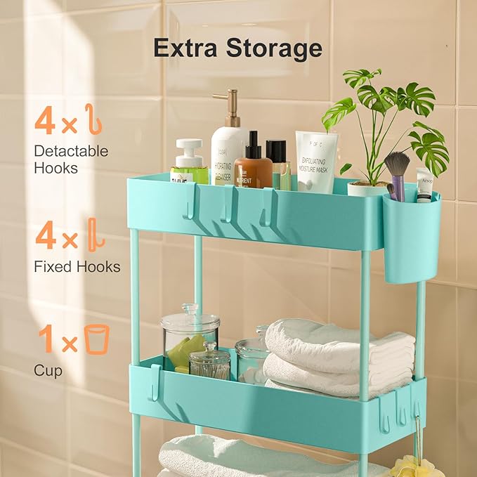 Pipishell Slim Storage Cart with Wheels, 4 Tier Bathroom Storage Organizer Rolling Utility Cart for Bathroom Kitchen Laundry Room Office Narrow Place (Turquoise)-NeatNest