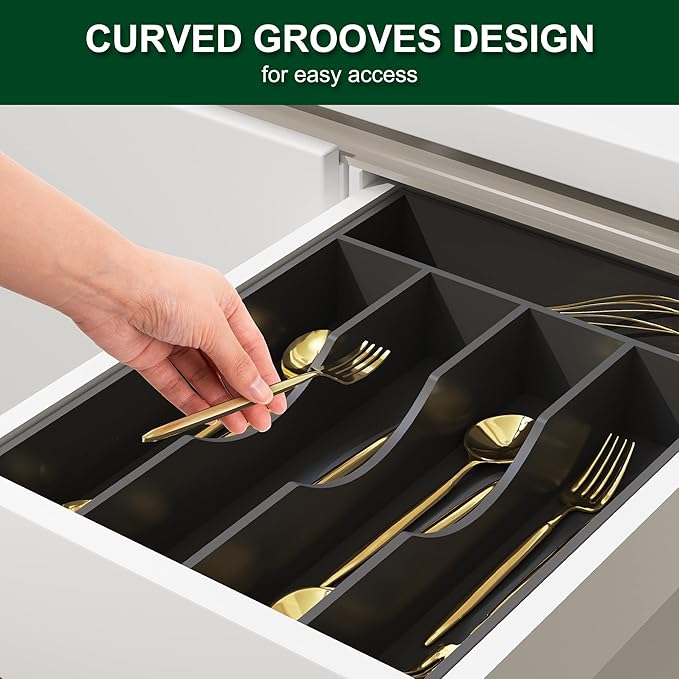 Bellsal Black Utensil Organizer 10 Inch Silverware Tray for Utensil Holder Cutlery Organizer Kitchen Drawer Organizer 5 Compartment Small Narrow Bamboo-NeatNest