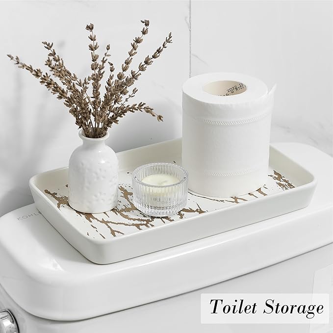 Bathroom Vanity Tray for Countertop,2PC Rectangle Marble Tray Set,Decorative Bathroom Organizer for Scrubber, Lotion Bottles, Perfume, Jewelry, Candle, Key Trinket Ring(Large,White)-NeatNest