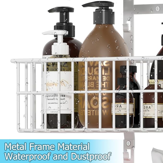 Adjustable Over The Door Organizer, Metal Hanging Door Organizer with 5 Wire Basket 7 Hooks, Wall Mounted Shelf for Pantry Closet Organization and Storage, White