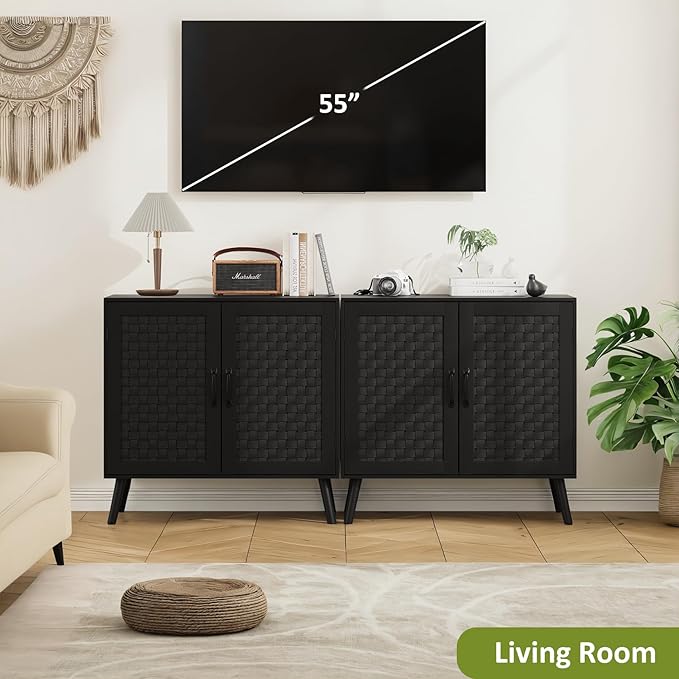 Black Buffet Sideboard Cabinet, Storage Cabinet with Handmade PVC Rattan Decor Doors, Wooden Coffee Station with Adjustable Shelf for Kitchen, Living Room, Entryway-NeatNest