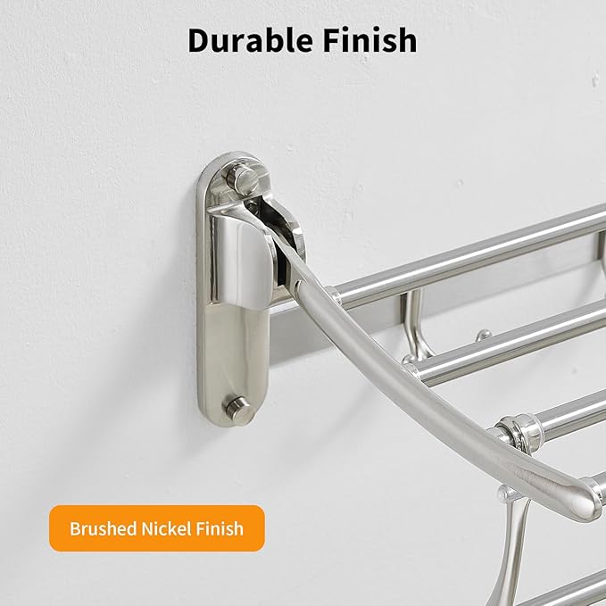 BESy 24 Inch Brushed Nickel Towel Racks, Bathroom Towel Shelf with Foldable Towel Bar Holder and Towel Hooks, Wall Mounted Multifunctional Bathroom Accessories, Double Towel Bars-NeatNest