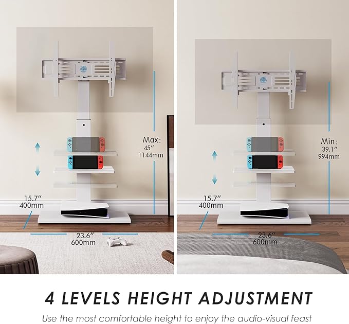 FITUEYES Floor TV Stands with Swivel Tilt Mount for 32 39 40 43 49 50 55 60 65 70 75 Inch LCD LED TVs with Iron Base Adjustable Shelf Universal Television Stands for Bedroom and Living Room (White)