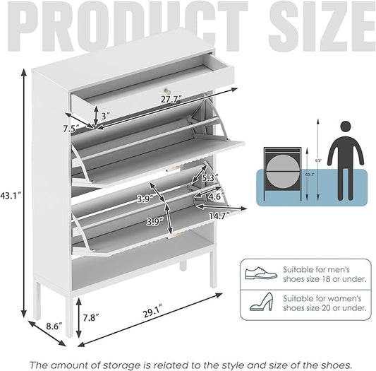 Brafab Shoe Storage Cabinet with 2 Flip Drawers&1 Small Drawer, Slim Entryway Shoe Organizer with Fluted Panel Doors for Sneakers,Pure White-NeatNest