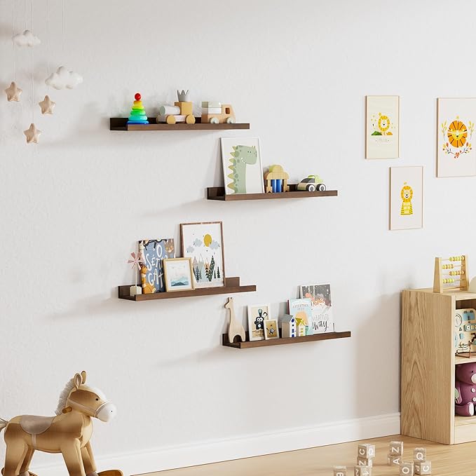 Floating Shelves for Wall, 24 inch Solid Wood Picture Ledge Shelf, Picture Shelf for Wall with Ledge, Floating Book Shelves for Living Room Bedroom Kitchen Nursery Decor, Walnut, Set of 2-NeatNest