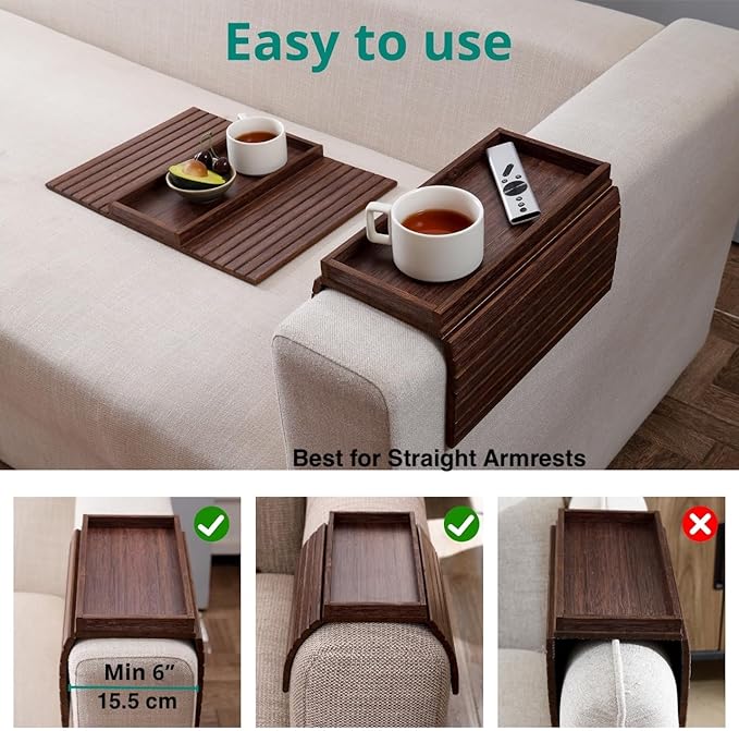 DETOR Couch Arm Tray, TV Tray with Capacious 12.4" x 5.4" Storage Box, Bamboo Grain Stained Brown Color, Enhanced Nonslip Felt Bottom, Sturdy Bamboo Slats Material | for Armrests 6" and Wider-NeatNest