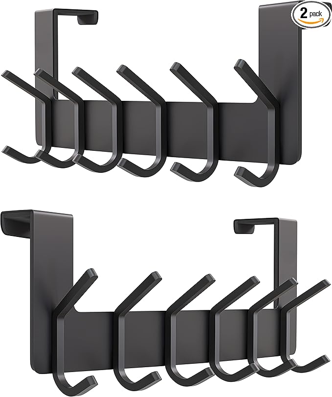 Matte Black Over The Door Hooks – Heavy Duty Stainless Steel Door Hanger with 6 Double Hooks for Hanging Towels, Coats, Robes, Hats, Bags – No Drill Over Door Towel Rack for Bathroom & Bedroom, 2 Pack