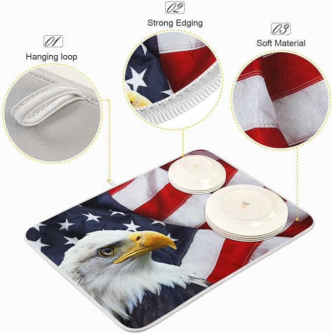 Absorbent Dish Drying Mat for Kitchen Counter - Flag Eagle American Microfiber Drying Pad, Reversible Drainer Mats for Countertop, Small 16" x 18"