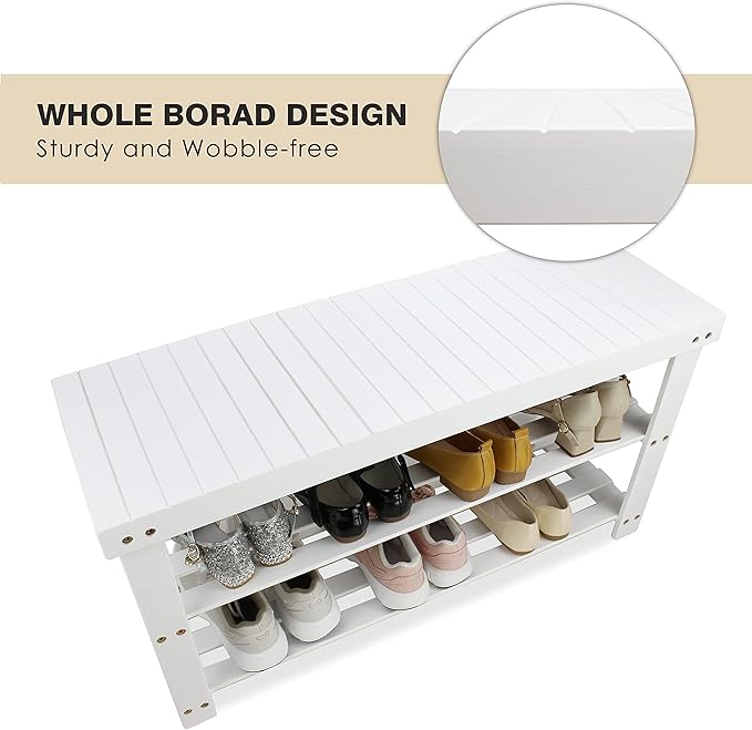 SMIBUY Bamboo Shoe Rack Bench, 3-Tier Shoe Organizer Storage Shelf for Entryway Hallway Bathroom Living Room (White)-NeatNest