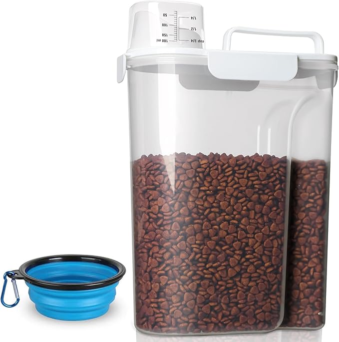Dog Food Storage Container, 5-7 Lbs Airtight Pet Food Container, Cat food Container Dispenser with Portable Handle, Pouring Spout, Measuring Cup and a Collapsible bowl for Dogs Cats White/6Qt-NeatNest