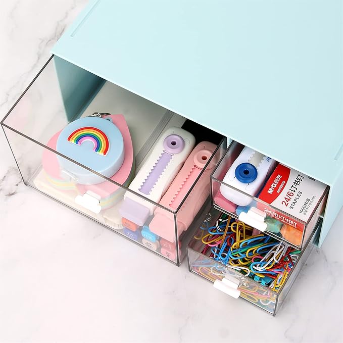 LETURE Desk Office Stationery Organizer with 3 Drawers, Desktop Vanity Makeup Organizer, Plastic Sundries Cosmetic Storage Organizer for Bathroom Counter or Dresser (Blue-3 Drawer)-NeatNest