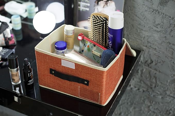 Small Storage Boxes with Lids 2 Pack Linen Collapsible Cube Storage Basket with Handle & Label, Jane's Home Foldable Fabric Storage bins for Shelf & Closet to storage Clothes & Toys-NeatNest
