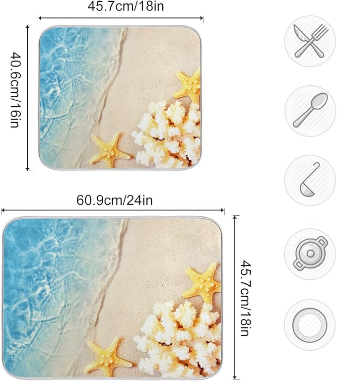 Absorbent Dish Drying Mat for Kitchen Counter - Starfish Coral Summer Microfiber Drying Pad, Reversible Drainer Mats for Countertop, Large 18" x 24"