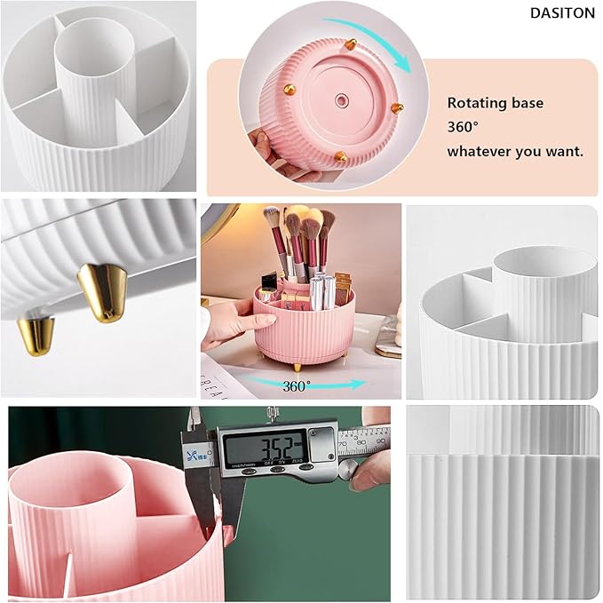 DASITON Large Capacity Makeup Brush Holder,360° Rotating Makeup Organizer,5 Slot Makeup Brushes Cup,for Vanity Decor,Bathroom Countertops,Desk Storage Container,Cosmetic Display cases(Pink)-NeatNest