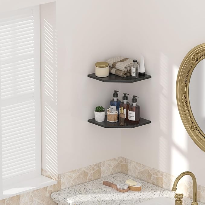 JJL Corner Wall Shelf, Set of 2 Floating Corner Shelf for Wall Storage,Easy-to-Assemble,Wall Mount Corner Shelves for Teen Boy Room Decor,Minimalist Decor(14.76in Black)-NeatNest