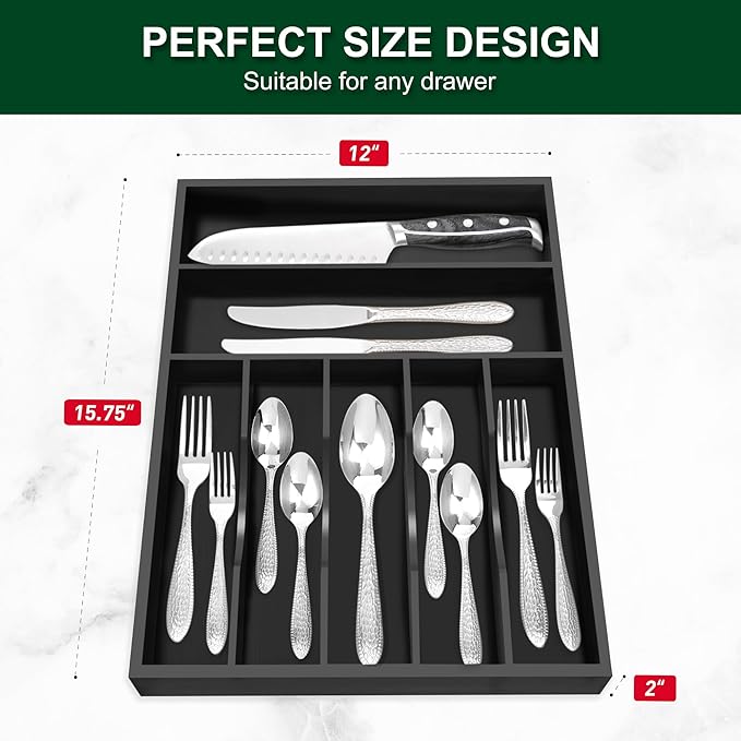 Bellsal Black Utensil Organizer 12.5 Inch Silverware Tray for Drawer Utensil Holder Cutlery Organizer Kitchen Drawer Organizer 7 Compartment Small Narrow Bamboo-NeatNest