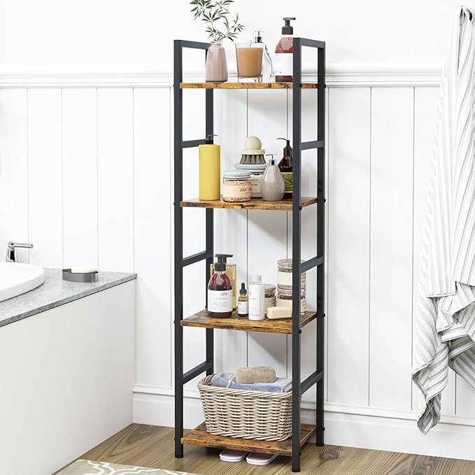 4 Tier Bookshelf, Small Book Shelf Industrial Bookcase, Metal Narrow Book Case Book Storage Organizer,Bookshelves for Bedroom Office Living Room(4 Tier,Rustic Brown)