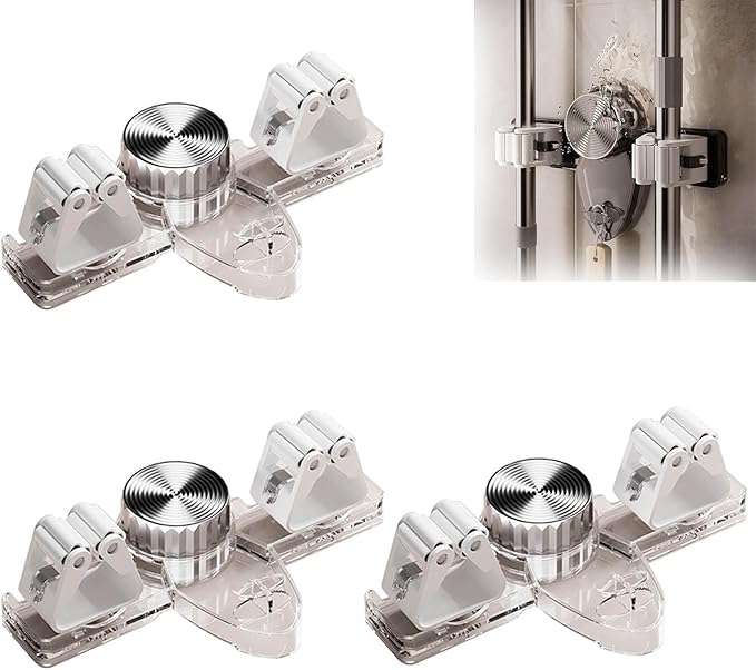 Broom Hanger Mop Hanger, Wall Mount Mop Grippers, No Punching Required Broom Hanger Organizer for Bathroom, Kitchen, Laundry Room, Home Garden, Garage Storage and Organization Rack (Transparent)