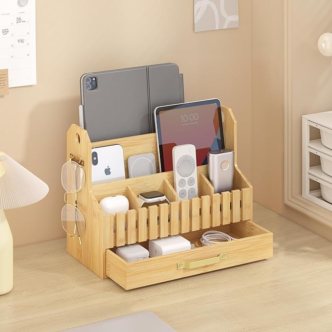 Bamboo Mail Organizer Countertop with Drawers, Wood Desk File Organizer Desktop Paper Organization Storage Bill & Letter Sorter Holder for School Home Office Supplies, No Assembly Required (Nature)-NeatNest
