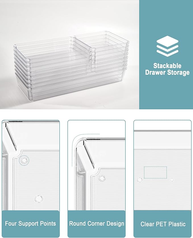 9 Pack Large Clear Plastic Drawer Organizer Trays, Desk Drawer Organizers and Storage Dividers, Non-Slip Storage Bins for Jewelry, Snacks, Office, Bathroom, Bedroom and Kitchen-NeatNest