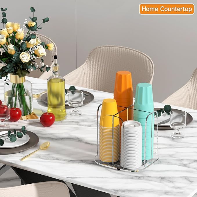 Beego Rotatable 4-Compartment Acrylic Cup Dispenser - Coffee Station Cup and Lid Carousel Countertop Plastic Cup Holder for Restaurant Breakroom Coffee Bar-NeatNest