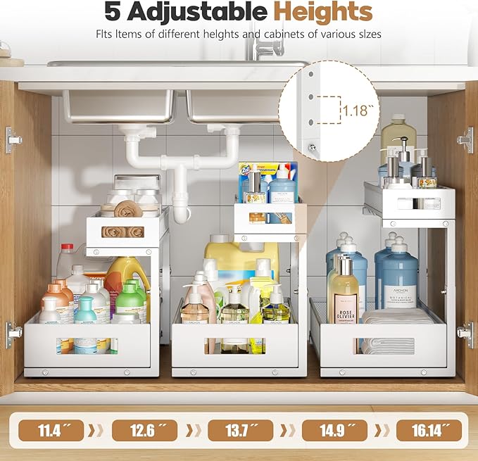 1 Pack 19IN Depth Under Sink Storage Organizer, Large 2-Tier Elegant Mesh Pull Out Shelf for Kitchen and Bathroom Cabinet Organization, L-Shaped and Adjustable Height Design-White-NeatNest