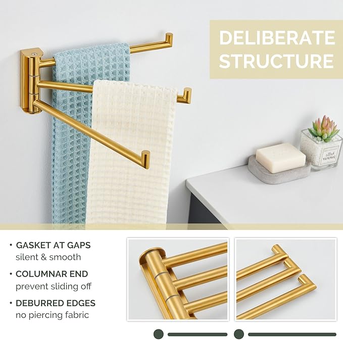 Angle Simple Swivel Hand Towel Rack, SUS 304 Stainless Steel Foldable 3 Towel Holder Bars for Bathroom Kitchen, Brushed Gold