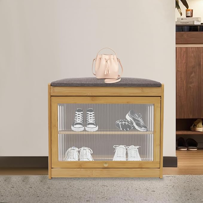 Eapmic Shoe Storage Bench, Entryway Shoe Rack Bench with Padded Seat Cushion, 2-Tier Shoe Cabinet, Bamboo Shoe Organizer for Hallway Bedroom Living Room Front Door (Burlywood, 19.69 * 12.6 * 17.32in)