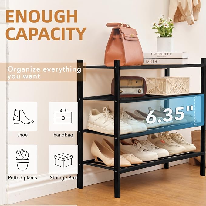 4 Tier Bamboo Shoe Rack Storage Organizer for Closet, Multifunctional Stackable Free Standing Shoe Shelf Organizer for Small Space,Entryway, Hallway, Bathroom27 x11 x26(Black, 4 Tier)-NeatNest