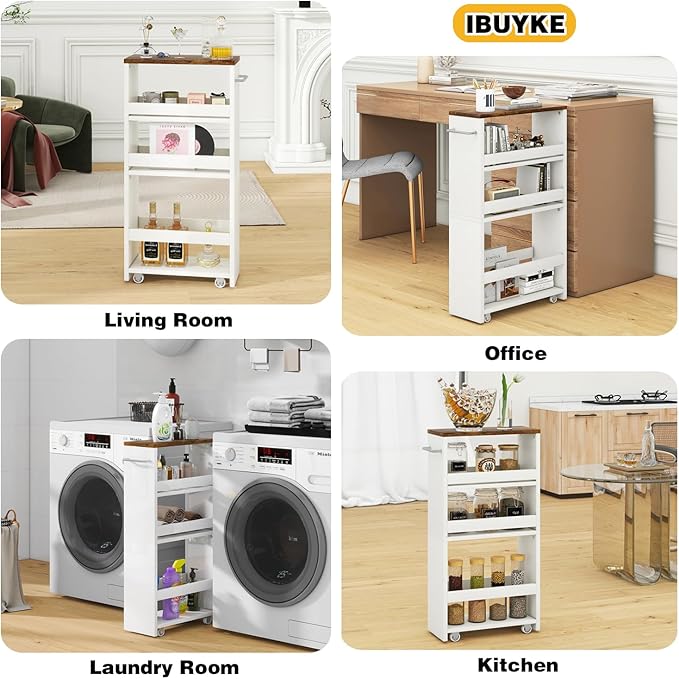 IBUYKE Slim Storage Cart 5.9" W, Rolling Organizer Trolley for Small Spaces, 4-Tier Laundry Cart with Handle, Slide Out Utility Cart for Kitchen, Living Room, Laundry,Narrow Places,White WST005W