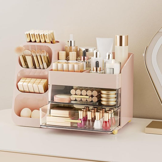 Delamu Makeup Organizer with Drawers for Vanity, Spacious Cosmetic Display Case with Makeup Brush Holder, Perfect Vanity Bathroom Organizer and Storage Solution for Skincare & Beauty Essentials, Pink-NeatNest