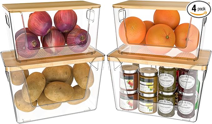 4 Pack Potato Storage with Lids – Front Open Kitchen Pantry Organizer and Storage, Stackable Storage Bins for Onion, Garlic, Fruit, Produce, Vegetable