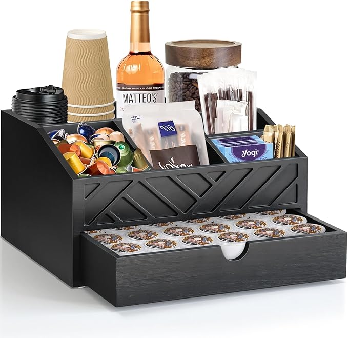 Farmhouse Coffee Bar Accessories Organizer - Countertop Coffee Station with Drawer, Pod Holder & Condiment Organizer (Black)-NeatNest