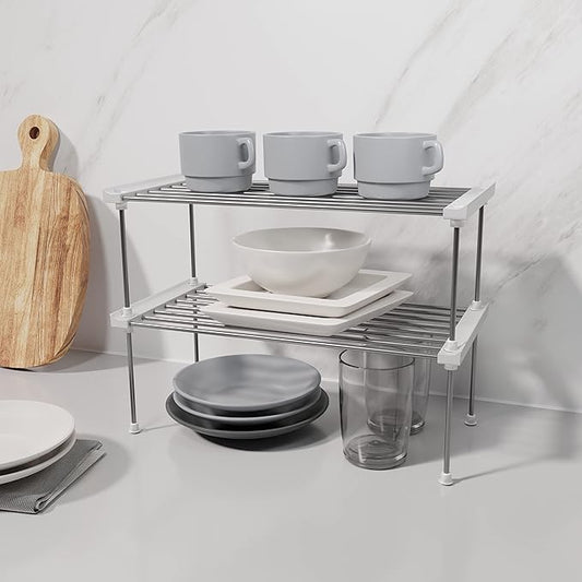 carrotez Cabinet Organizer Shelf, Set of 2 Stackable Kitchen Counter Shelves, Kitchen Cabinet Organizers and Storage, Pantry Storage Shelf Organizer, 15.7 x 7.8 x 6.1 - White-NeatNest