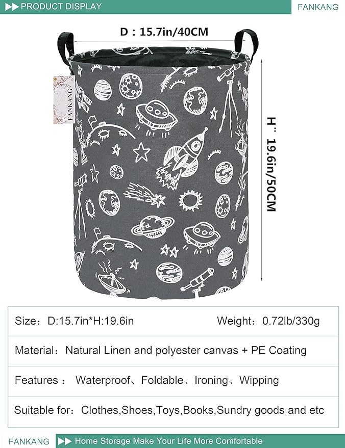 FANKANG Storage Basket, Nursery Hamper Canvas Laundry Basket Foldable with Waterproof PE Coating Large Storage Baskets for Kids Boys and Girls, Office, Bedroom, Clothes,Toys(Space Planet)
