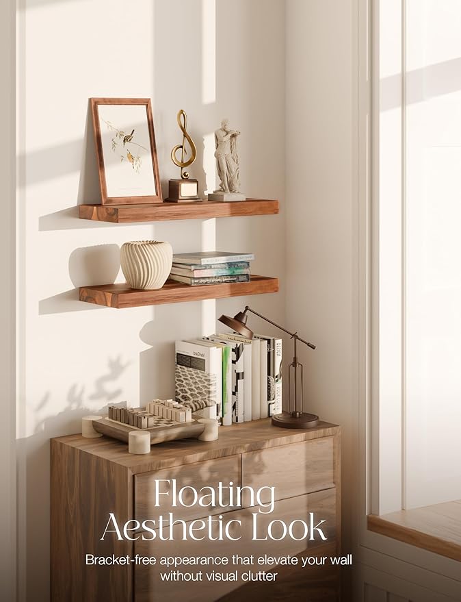 BATODA Set of 2 17" Acacia Wood Floating Shelves Wall Mounted – Rustic Farmhouse Wooden Wall Storage Shelf for Bedroom, Kitchen, Home Décor - Brackets and Shelving Mounting Hardware Included-NeatNest