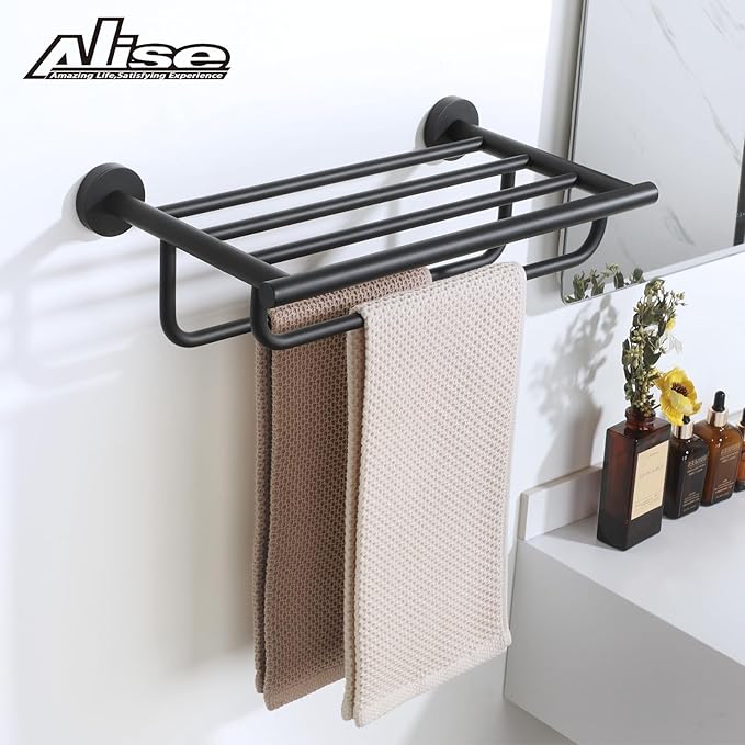 Alise Towel Rack for Bathroom Lavatory,Towel Holder Towel Shelf with Double Towel Bars Wall Mount,SUS 304 Stainless Steel Towel Hanger Storage 16 Inch,Matte Black GYT7040-B