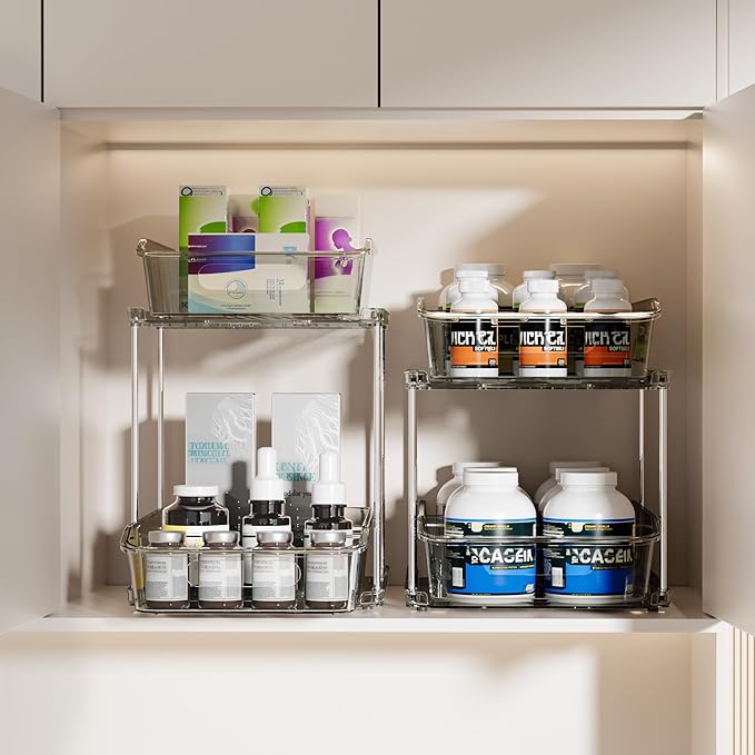 Delamu 2 Sets of 2-Tier Clear Under Sink Organizers and Storage, Multi-Purpose Stackable Bathroom Cabinet organizers, Grey-NeatNest