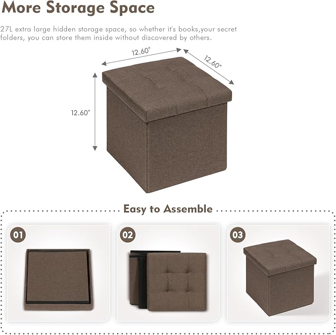 B FSOBEIIALEO Storage Ottoman Cube, Toy Chest Folding Footrest for Living Room Seat, 12.6"X12.6"X12.6" (Linen Brown)