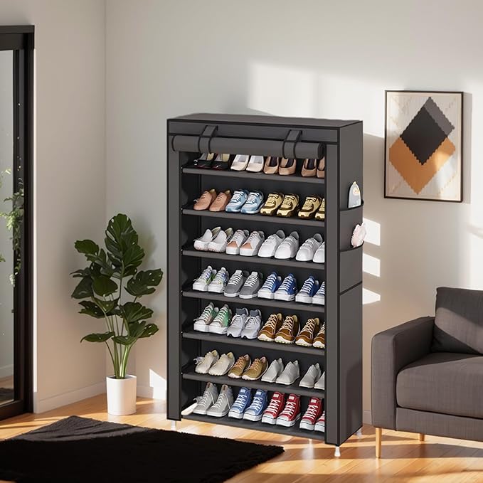 Laiensia 7-Tier Vertical Shoe Rack Organizer, Space Saving Shoe Storage Organizer, Non-Woven Cover Shoe Shelf Holds 28-35 Pairs for Bedroom, Hallway, Closet Entryway, Grey-NeatNest
