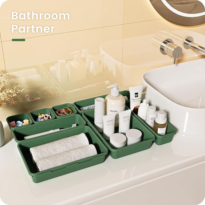 A-LuGei 22Pcs Army Green Minimalist Plastic Drawer Organizer, Storage Bins for Vanity, Bathroom, Kitchen, Office, Craft Room-NeatNest