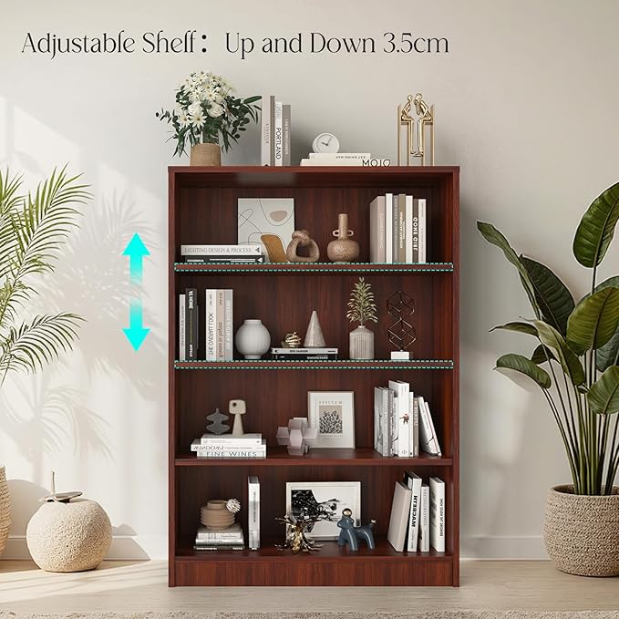 Farini 48 Inch Tall 4-Shelf Bookcase, Wood Bookshelf Storage Organizer Adjustable Shelf for Home Office, Study Room, Easy Assembly,Mahogany