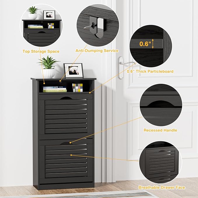 Shoe Storage Cabinet with 2 Flip Drawers & Top Cubby, Shoe Cabinet for Entryway Slim, Free Standing Shoe Rack Cabinet, Narrow Shoe Organizer for Entryway, Hallway, Black-NeatNest