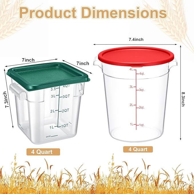4 Pcs Food Storage Container with Lids Set 4 Qt Square and Round Clear PC Commercial Containers with Scale Handle for Home Restaurant Kitchen Food Storage, Dough Rise, Flour(Green and Red)