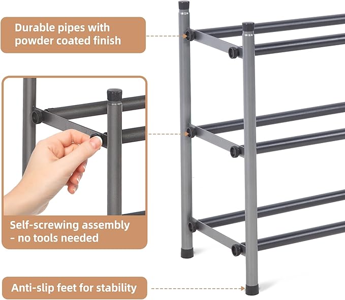 STORAGE MANIAC Expandable Shoe Rack, 12 Pairs Stackable Small Shoe Rack, Metal Adjustable Shoes Organizer for Closet, Entryway, Hallway, Garage, Front Door, Shoes Shelves, Black 3 Tier-NeatNest