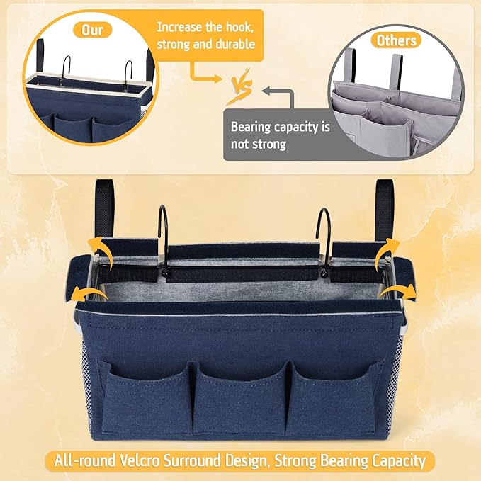 Bedside Caddy Bedside Organizer Bedside Storage Caddy with Fixed Straps and Water Bottle Holder for Home College Dorm Bunk Bed Hospital Bed Crib Bed Rails (2pcs Navy Blue)-NeatNest
