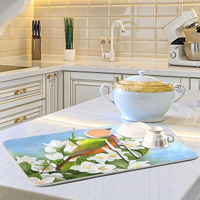 Absorbent Dish Drying Mat for Kitchen Counter - Peach Blossom Blue Hummingbird Microfiber Drying Pad, Reversible Drainer Mats for Countertop, Small 16" x 18"